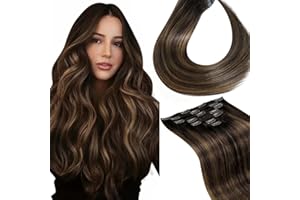 LaaVoo Extension Cheveux Naturel Clip 7pcs/120g 16pouce/40cm Clip in Human Hair Extensions Ombre Brun Foncé A Brun Clair Balayage Clip Extension Cheveux Humain Tête Pleine #2/8/2