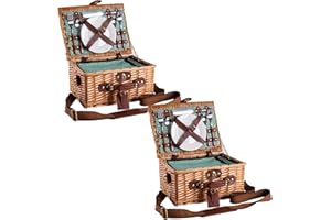 eGenuss 2er-Set handgefertigtes Picknickkorb für 2 Personen mit abnehmbarem Schultergurt, Kühlfach, Kellnermesser, Edelstahlbesteck, Porzellanteller und Weingläser | GRÜN