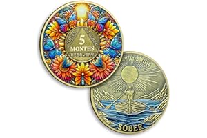 ‎ATSKNSK 5 Monate Nüchternheitsmünze Fünf Monate Blume Nüchternheit Münzen Schmetterling AA Chips und Medaillon Sonne Chips Wiederherstellung Jahrestag Token Nüchternheit Geschenke für Männer Frauen