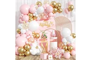 FAIRYMAIDEN Pink and White Balloon Arch Kit, 105PCS Pink and Gold Balloon Garland with Pastal Rose White Gold Confetti Balloons for Girls Birthday Baby Shower Wedding Bridal Shower Princess Party Decorations