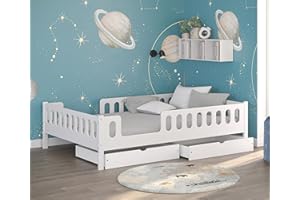 CADANI LARS Kinderbett Jugendbett 140x200 cm Weiß, Zwei Schubladen, Rausfallschutz abnehmbar, Zum Juniorbett umbaubar