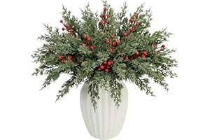 KKSTY 30 Pcs Artificial Pine Branches with Berry Stems,10.5" Faux Evergreen Pine Picks Fake Greenery Foliage Sprigs Cypress Leaves Stems for Christmas Wreath DIY Vase Filler Home Decoration (Red)