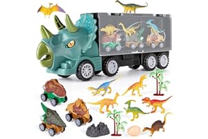 Japace Dinosaur Toys for Boys 3 Years Old, Kids Truck Boys Toys Age 3-6, Triceratops Transport Car Carrier with 3 Pull Back Cars, 11 Dino Figure, Dinosaur Eggs Trees, Toys for 3 4 5 6 Year Old Gifts