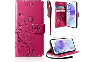 AROYI Lederhülle Kompatibel mit Samsung Galaxy A55 5G Hülle und Schutzfolie,Wallet Handyhülle Leder Tasche Kartensteckplätzen Schutzhülle Kompatibel mit Samsung Galaxy A55 5G Rosenrot