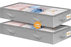 mepure 100L Large Underbed Storage, Under Bed Storage Box With Lid & Clear Window, Flat Underbed Clothes Storage Bags W/Zip Handle, Collapsible Fabric Long Bed Sheet Organizer For Towel Shoes, 2 Pack