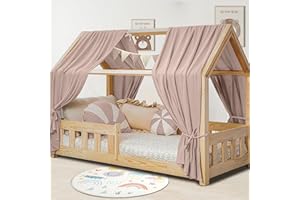 Hausbett Himmel Set, Betthimmel aus Musselin - 2 Betthimmel & 1 Wimpelkette, für Jungen Mädchen Kinderzimmer Deko, Baldachin I 135 x 320cm Beigerosa