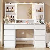VASAGLE Vanity with LED Mirror, Tool-Free Assembly, 9 Drawers | Power Strip, Dimmable LED Mirror, 3 Color Lighting, Cloud Whi