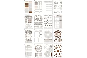 MWOOT 16 Pièces Pochoir Journal Art Bullet pour Peinture sur Bois, Réutilisable Agenda Paint Stencils Kit, Pochoirs Dessin Bricolage pour DIY Cartes Cadeaux, Scrapbook, Toile, Fête Décoration(20x13CM)