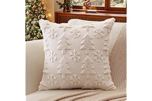 Artscope 1 Pezzi Natalizio Federe in Lana Corta Velluto Copricuscini Morbido Decorativo Fodere per Cuscino Lusso Stile per Divano Camera da Letto Natale Alberi e Neve Beige 40x40 cm
