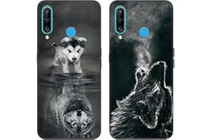 DiaryTown 2 Pack für Huawei P30 Lite Hülle, Ultra Dünn Silikon Bumper Schutzhülle Stoßfest mit Muster Motiv Schwarz Handyhüllen Weich TPU Cover für Huawei P30 Lite - Hund & Wolf