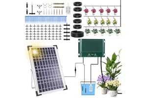 GXPJYCFOB Solar Irrigation System, 10W Automatic Watering System, Garden Irrigation Systems UK with 7 Timer & 50 Drippers & 50m Hose for Plants Garden Balcony Greenhouse, Anti-Siphon/Auto Alarm Mode