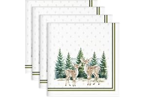 Arquiel Christmas Woodland Deer Pine Tree Print Cloth Napkins 100% Cotton, 18" X 18" Dinner Napkins Cloth Set, Winter Washable Napkins for Home, Kitchen, Dinner, Party, Wedding, Cocktail, Set of 4