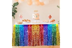 UINNOSSVC 2 Pcs Rainbow Tinsel Foil Table Skirt, Colorful 28in x 108in Metallic Wave Foil Fringe Streamers Curtains for Birthday Anniversary Baby Shower Bachelor Party Photo Booth Decorations Supplies