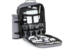 ‎CAMPFEUER CampFeuer Picknick Rucksack für 4 Personen | Grau | Picknickset 31-teilig | inkl. Flaschenhalter, großem Kühlfach, Geschirr und Besteck