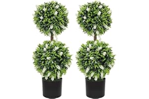 HOMCOM Set of 2 Decorative Artificial Plants Ball Trees with Lavender Flowers in Pot Fake Plants for Home Indoor Outdoor Decor, 70cm, White