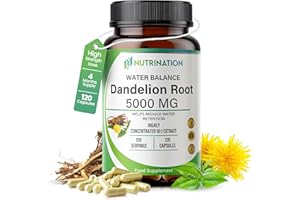 NUTRINATION Water Retention Tablets - Dandelion Root Capsules 5000mg | (4-Month Supply) 120 Vegan Capsules | High-Strength Herbal Supplement for Bloating, Detox & Fluid Balance | Non-GMO & Lab-Tested