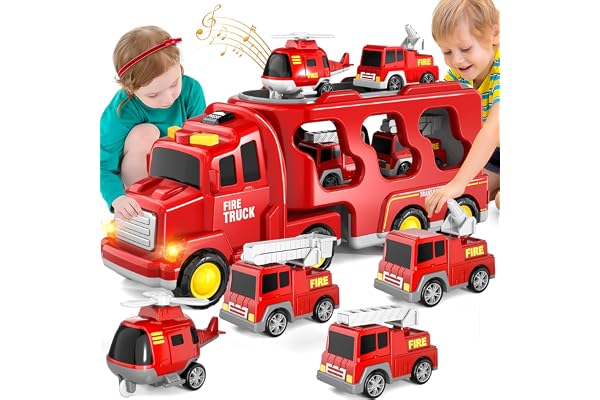 BLmukce Jouet Camion de Pompiers 5 en 1 pour Enfants, Transporteur à Friction avec 4 véhicules de Pompiers, Jouet de 1 2 3 Ans pour garçons et Filles avec lumières et Sons pour Enfants de 4