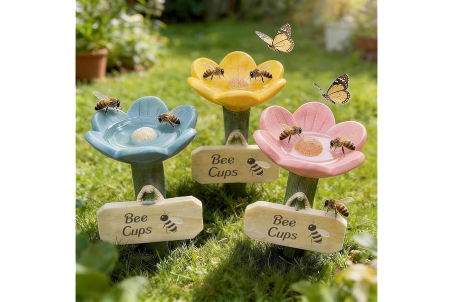 3Pcs Cups for Bees, 2026 New Flower Shaped Bee Watering Station, Colorful Bee Cup for Thirsty Pollinator Garden, Outdoor Butterfly Drinking Feeder, Eco-Friendly Water Bowl for Yard, Lawn, Patio Decor
