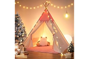besrey Tipi Infantil Indio para Niños Tienda de Campaña Infantil Canvas Tipi de algodón con Alfombra Acolchado y Luces de Hadas (Rosa y Blanco)