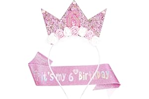 LunarCharm 6th birthday decorations for girls, hairband and glitter sash for 6-year-old girls as birthday decorations, flower princess crown hairband