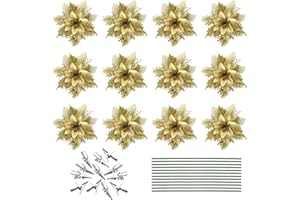 Fiori di Stella di Natale, Azexcy 12 Pz Fiori per Albero di Natale con Clip, Fiori Artificiali Natalizi Decorazione di Albero di Natale Fiori Finti per Decorazioni Ghirlanda, Oro