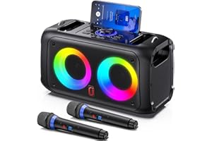 HWWR Karaoke Machine for Adults, Bluetooth Karaoke Speaker with 2 Wireless Microphones for Singing, PA System with HiFi Sound/Dual 3" Subwoofers/Echo Adjustment/Disco Lights for Home Party (Black)