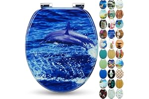 Sanfino® Premio Sedile WC ammortizzato - Copriwater Universale di alta qualità in legno, tanti motivi colorati, seduta comoda, facile da montare con istruzioni di montaggio incluse - "Dolphin"