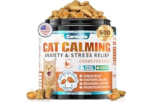 CARMELIE Cat Calming Treats, 500 Crunchy & Creamy Calming Cat Treats with Melatonin, Chamomile for Cats Stress and Anxiety - Travel, Boarding, Vet Visits, Separation Anxiety, Chicken and Krill Flavored