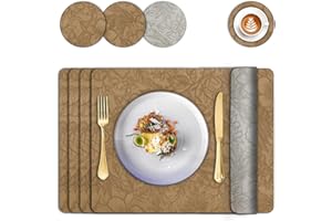 IAGORYUE Placemats and Coasters Set of 4, Dual Sided Two-Tone Leather Place Mats 43x30 cm, Washable Non-slip Heat Resistant,Wipe Clean Floral Kitchen Table Mats for Home Indoor Outdoor Dining Table(Brown Grey)