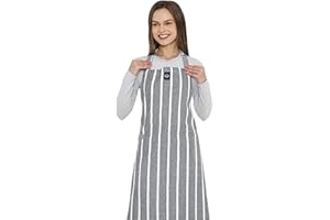 ‎ENCASA Encasa XO Verstellbare Küchen Schürze mit Taschen und Handtuchhalter, 68x85 cm, recycelte Baumwolle, für Zuhause, Restaurant, Männer & Frauen, Kochen, Backen - Roma graue Streifen