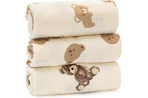 MB SHOP - 3 Pezzi Mussole Neonato Cotone con Orsetti - Set Neonato Multiuso per Bagnetto Asciugamani e Igiene 62x58cm