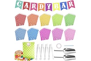 BUYUPOP 62 Stück Candy Bar Zubehör, Enthält 50 Stück Candybar Tüten und 50 Sticker, 4 Stück Zuckerzange und 2 Stück Schaufel und 1 Girlande, für Büfett Grill Hochzeit Party Geburtstag - Polka Dots