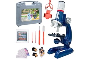ALEENFOON - Set di microscopio per bambini, 1200 x, 400 x, ingrandimento 100 x, kit per microscopio con luci a LED, include porta telefono e accessori in plastica