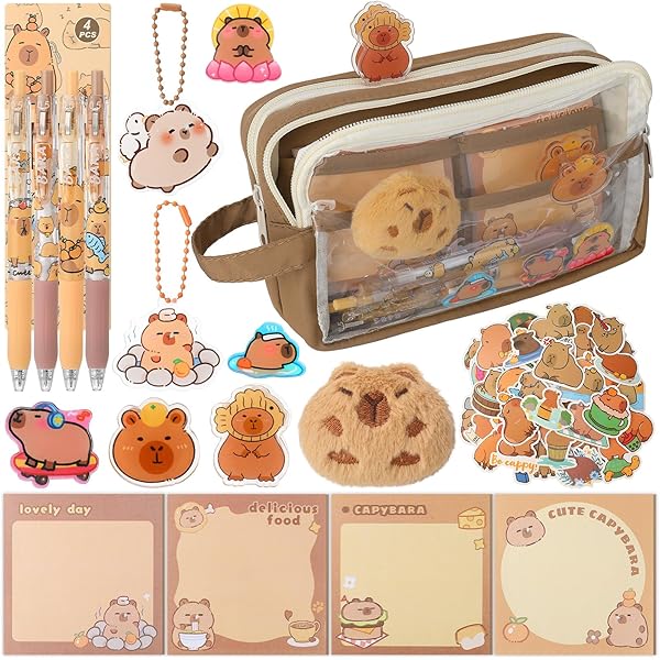 Flanliy Capybara Capybara Pennenetui, esthetisch, groot, met potloden, stickers, puntenslijper, schattige schrijfwaren, cadeauset voor kinderen (A