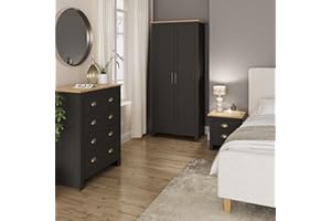 GFW Lancaster 3 Piece Bedroom Set Black Bedside Cabinet Chest Of Drawers Wardrobe
