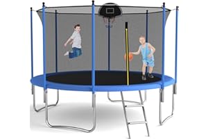 OVATOYS Trampoline d'extérieur, diamètre 305/366 cm, trampoline d'extérieur pour enfants et adultes, trampoline de loisirs avec panier de basket, échelle et revêtement anti-rouille, charge maximale 200/272 kg