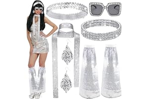 DONGCILL 6 Pièces Deguisement Disco des Années 1970, Accessoires Disco Écharpe à Paillettes Lunette Bracelet Bandeau Disco Boucles d'Oreilles Chauffe Jambe Paillettes Costume Disco, Deguisement Annee 80 Annee