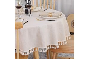 SUCHDECO Beżowy obrus okrągły, 120 cm, zmywalny, lniany bawełniany obrus na stół, nie gniecie się, pyłoszczelny, z frędzlami, do kuchni, jadalni, stołu jadalnego, stolika kawowego, stołu ogrodowego