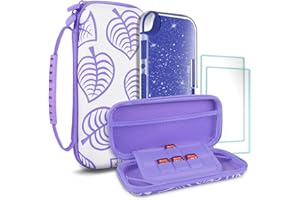 TIKOdirect Carrying Case for Switch lite, Shockproof Portable Travel Bag with Glitter Galaxy case, Screen Protectors and Cute Leaf Thumb Grips Caps, Leaf Purple