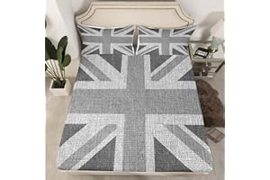 Loussiesd United Kingdom Flag Bed Sheet Set Union Jack Bedding Set Grey UK Flag Fitted Sheet For Kids Adults Geometric No Flat Sheet Ultra Soft Double Size