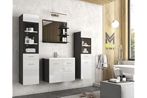 MINIO go for it - Set di mobili da bagno da 4 pezzi Marit I, pensile medio e grande con illuminazione a LED, specchio con mensola, mobile con lavabo - Matera Rovere/Bianco Lucido