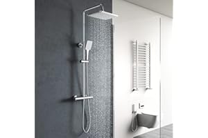 Duschsystem, YOOZENA Duscharmatur mit Thermostat, 26x19cm Kopfbrause, Duschkopf mit Schlauch und Halterung, Regendusche mit armatur Duschset, Chrome