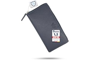 Baur Damen Geldbörse Echt Leder Geldtasche | Geldbeutel mit RFID Schutz | Großes Portemonnaie viele Kartenfächer | Rundum-Reißverschluss | Damen-Geldbörse (Silber Reißverschluss, Dunkelblau)