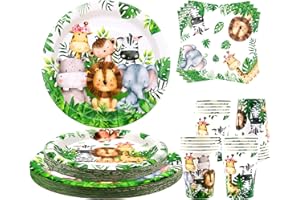 ENCETARDE Safari Jungle Birthday Tableware Set - Decorazioni per il compleanno del primo animale selvatico - 20 piatti piani, 20 piatti da dessert, 20 bicchieri, 20 tovaglioli per bambini, ragazzi, feste con
