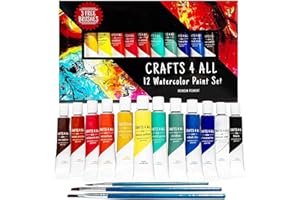 Crafts 4 ALL Watercolour Paint Set - 12 Pack of Premium Quality Watercolours for Kids, Artists, Students, and Beginners – Vibrant Paints w/ 3 Bonus Water Colour Paintbrushes