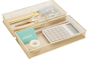 Annova Mesh Drawer Cabinet and Shelf Organizer Bins Storage Basket School Office Supply Holder Tray- Set of 2 (Gold, 30.5x15x5 cm)