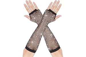 HaiFafafaing Fishnet Gloves Fingerless Mesh Gloves Long Rhinestone Neon Fingerless Fishnet Gloves Fish Net Arm Sleeves 80s Party Cosplay Costume Theme Halloween Accessories
