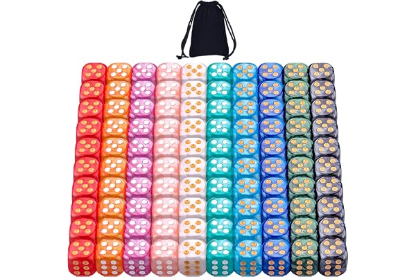 SIQUK Lot de 100 dés à 6 faces de 12 mm - Coins ronds - Couleurs nacrées - Pour Tenzi, Farkle, Yahtzee, Bunco ou enseignement des mathématiques - Avec sac de rangement à cordon