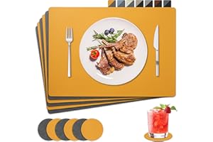 NOSTHEART Set de Table Lavable et Dessous de Verre, Set de Table en Cuir, Sets de Table AntidéRapants et ImperméAbles à Double Face (Jaune Gris, Lot de 6)