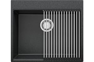 ‎PRIMAGRAN Spülbecken Anthrazit 58x50cm, Granitspüle 1 Becken + Ablauf-Set + Küchenzubehörset, Küchenspüle ab 60er Unterschrank - Oslo Top von Primagran